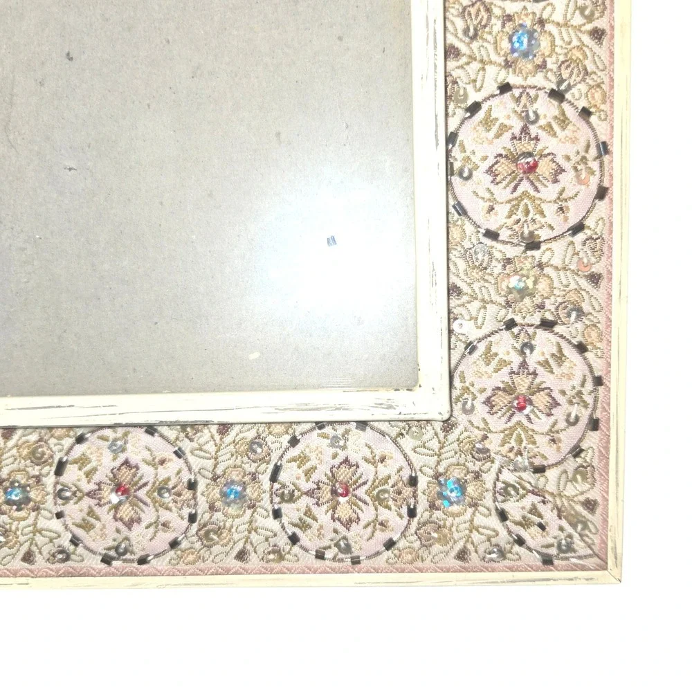 Distressed Metal Glass Photo Frame 5X7 Cream Gold Beaded Embroidered Silk Lined